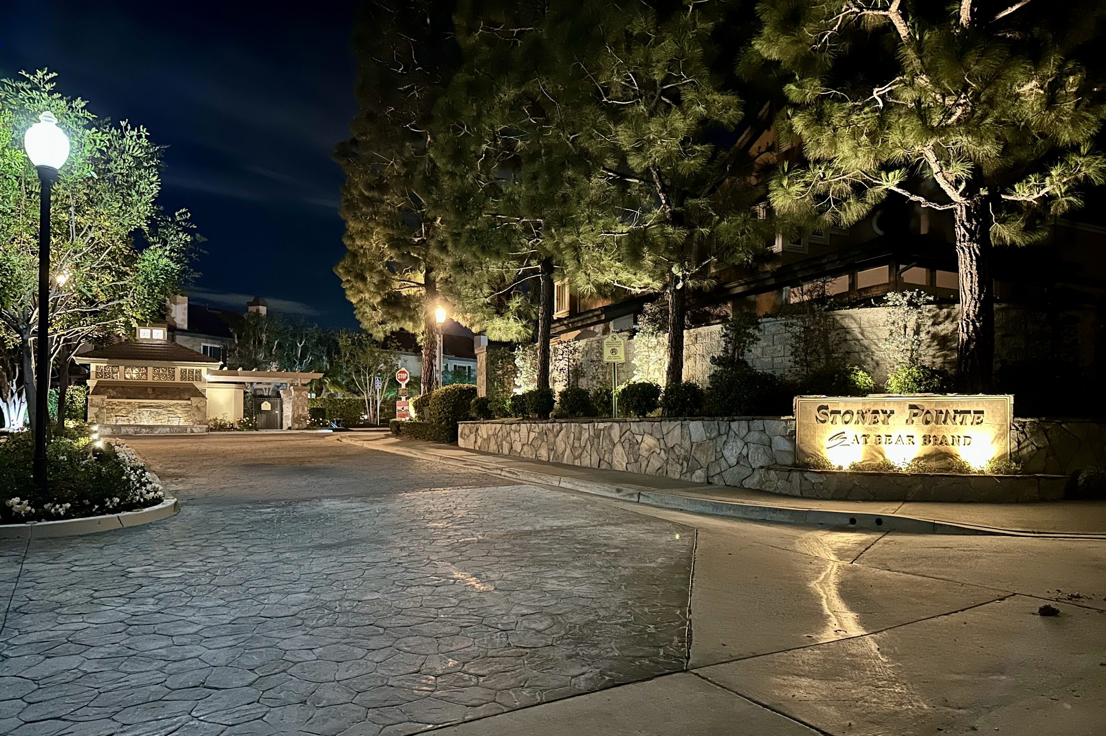 Stoney Pointe at Bear Brand entrance lit up at night
