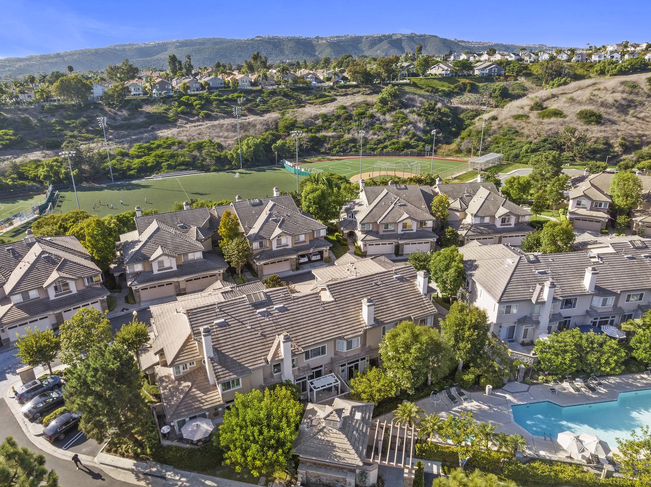 Aerial of Stoney Pointe townhomes and community pool